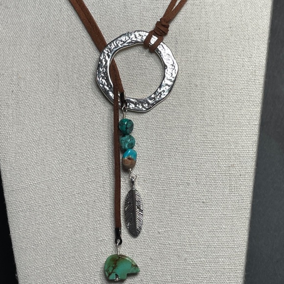 Turquoise Feather Pendant Lariat Necklace - Picture 7 of 7